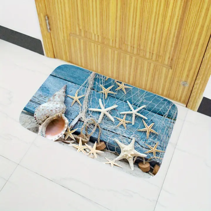 Alfombra de suelo de cocina con patrón de concha de playa, alfombra suave antideslizante a prueba de aceite, antimanchas, lavable a máquina, decoración del hogar, franela, 1 ud. - 1