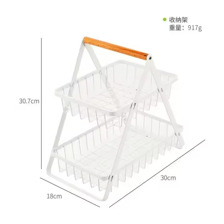 Cesta de frutas portátil de 2 capas, cesta de metal rectangular desmontable con mango de madera, organizador de cocina - 1