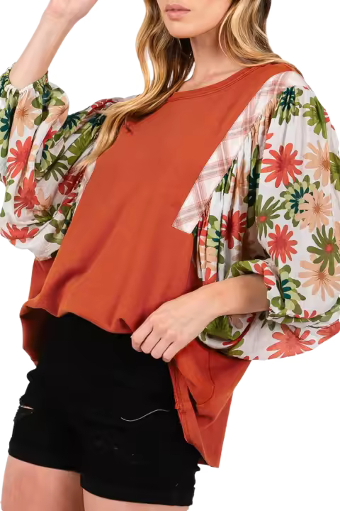 Elrachen Blusa floral con cuello redondo y manga abullonada para mujer, dorado desierto, tallas S-XL - 1