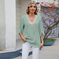BUNO-2025 Blusa de moda con cuello en V para mujer, camisas de gasa de siete mangas con empalme de encaje, camisa holgada informal de Color sólido elegante para oficina, novedad de 20252 - details 23