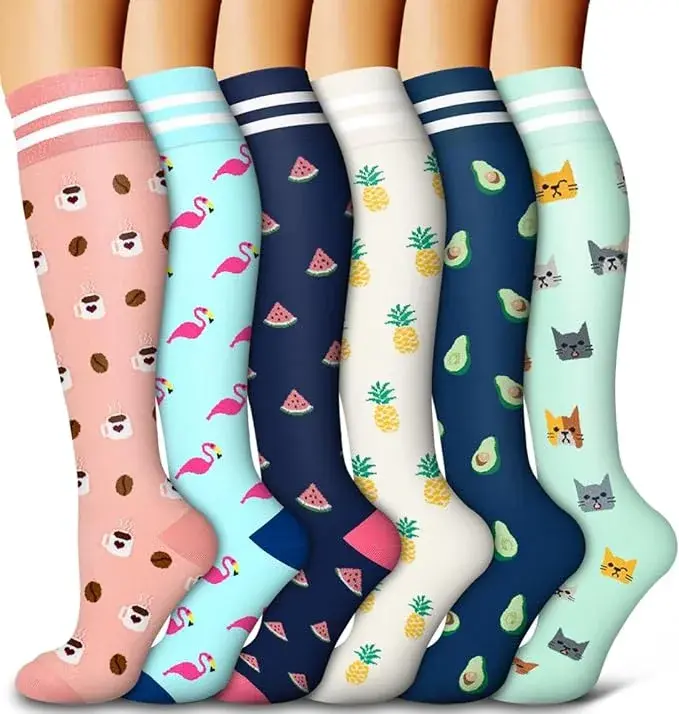 Medias de compresión con patrón floral para hombre y mujer, medias deportivas profesionales, edema, venas varicosas, enfermeros, 6 pares - 1