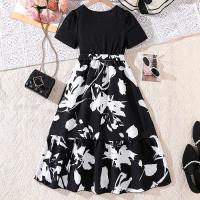 Moda coreana de verano para niños, manga corta floral negra con cinturón, vestido cómodo y decente para fiesta o vacaciones - details 19