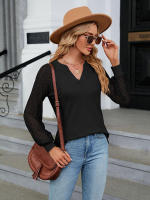 Camiseta holgada de manga larga para mujer, blusa informal de Color liso con costura de encaje y cuello en V, moda de primavera y otoño, 2023 - details 1