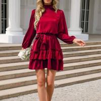 Vestido Satén con Cinturón Rojo Volantes Manga Larga, Elegante y Sensual para Mujer - details 1