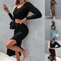 Conjunto de Vestido de Punto de Color Sólido Otoño/Invierno 2025 con Vestido Largo de Manga con Abertura y Conjunto de Dos Piezas de Camiseta. - details 1