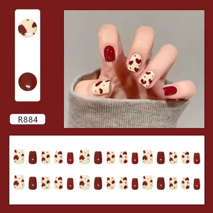 Uñas Rojas Sencillas 30 Piezas con Pegamento Máquina de Prensar Almendras Cabeza Redonda Portátil - 1