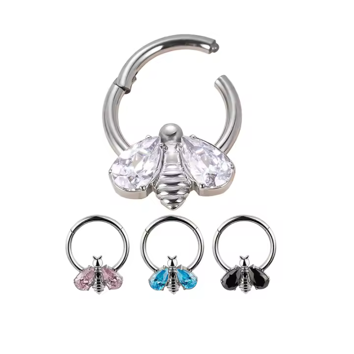 ASTM-pendientes Piercing F136 de abeja de titanio con bisel, aro de segmento de CZ, segmento con bisagras, para nariz, Tragus, hélice, Labret - 1