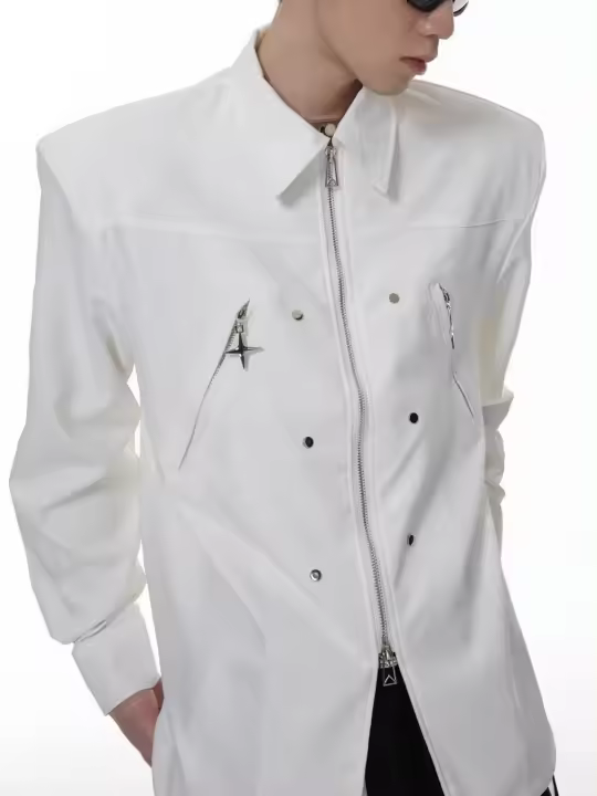 Camisa de Cuello Abierto para Hombres Primavera-Otoño 2024 Moda Casual Suelta con Doble Cremallera - 1