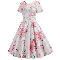 Summer floral print elegant a-line party women slim short sleeve swing vintage dress - details 2
