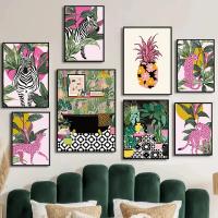 Póster de Animal de cebra, planta Tropical, piña, baño en maceta, leopardo rosa, pintura en lienzo, decoración artística de pared, baño adecuado - details 2
