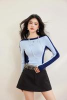 2025 primavera suéter de punto suéteres Casual empalme azul cuello redondo elástico ajustado básico Tops de manga larga - details 4