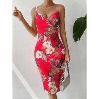 Nuevo vestido de tirantes medio y largo con estampado de abertura lateral para mujer - details 7