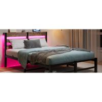 Marco de cama doble de 135 x 190 cm con estación de carga y luces LED, plataforma de metal resistente, marco de cama doble de 135 x 190 cm con cabecero de madera con almacenamiento, no necesita - details 0