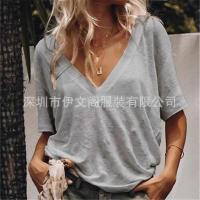 Bay Camiseta informal de manga corta con cuello en V profundo para mujer, nuevo estilo europeo y americano, top en seis colores en stock - details 0