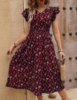 Vestido estampado de verano 2025, nuevo, elegante, para mujer, con cuello en V, lazo en la cintura y mangas con volantes. - details 7