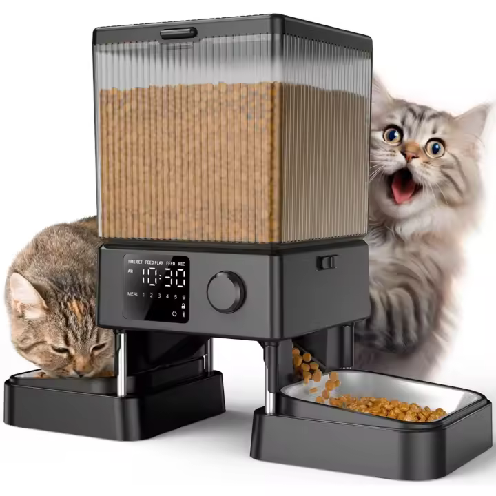 oneisall Comedero Automático para Gatos de 5L con 2 Tazones, Comedero para Gatos con un botón de fácil operación, Comedero para Gatos/Perros con tazón de Acero Inoxidable, Grabadora de Voz - 1