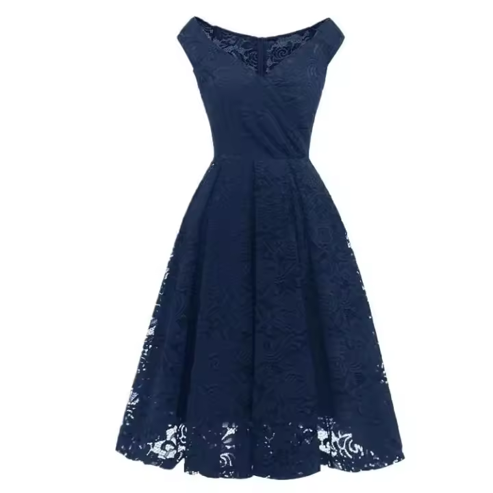 Vestido Retro de Encaje con Cuello en V de Hepburn 2024 Manga Corta, Moda Vintage de los 50s 60s para Mujeres - 1