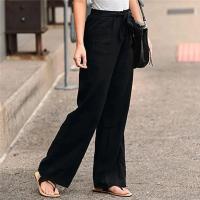 Pantalones de mujer Pantalones casuales con cordones de algodón y lino Pantalones de pierna con banda elástica Pantalones rectos de mujer - details 3