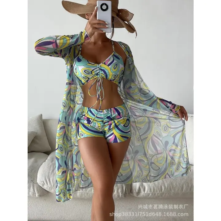La nueva blusa de malla multicolor europea y americana está a la moda y es sexy. Bañador de tres piezas con pantalón de una pierna. - 1