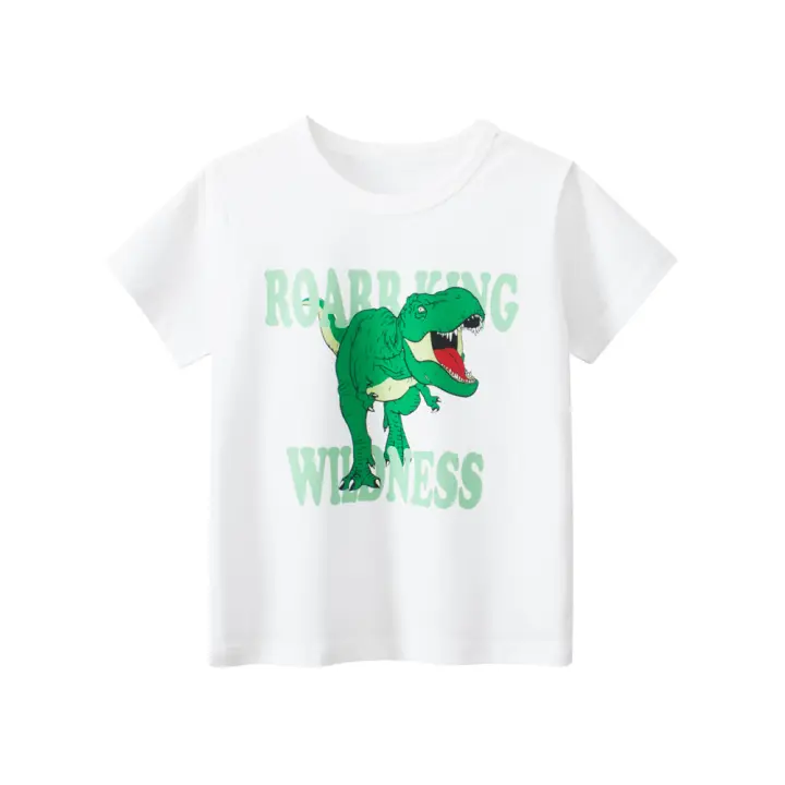 Camiseta de Algodón para Niños Mangas Cortas, Estampado de Dinosaurio, Blanco - 1