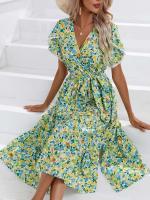 Vestido bohemio Retro de verano para mujer, manga corta, estampado básico, ventilación, Verde S - details 4