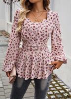 Top floral de manga larga para mujer, camiseta elegante con cuello cuadrado para ropa juvenil - details 9