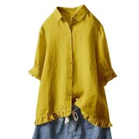Camisa de algodón y lino de Color liso para mujer, con solapa y botones, manga corta con dobladillo, Top informal holgado, ropa de calle de otoño - details 3