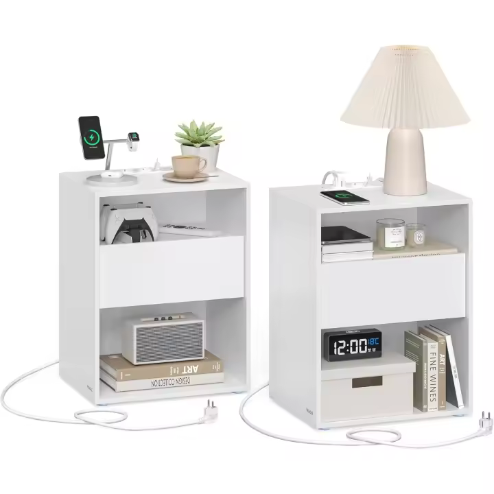 Ultrarrápido sin Herramientas Toolless, , Mesita de Noche, Mesa Auxiliar con Función de Carga, con Cajón, Moderna, para Dormitorio, Sala de Estar, Blanco Mate LET776W01 - 1