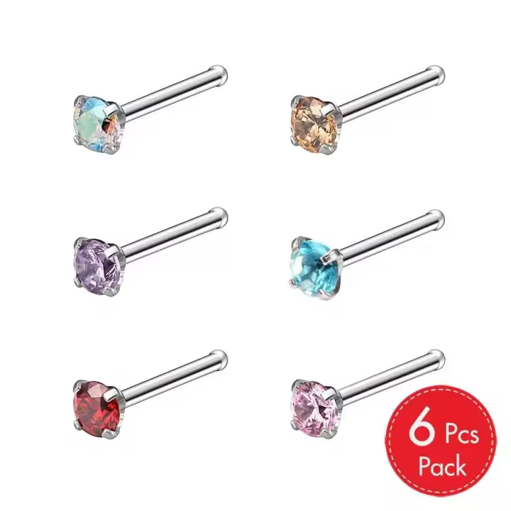 Anillo de acero inoxidable quirúrgico con piedras preciosas CZ 6/10, joyería para la nariz, hueso en forma de S L, cristal multicolor, redondo, 20G - 1