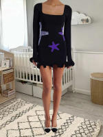 Mini vestido de manga larga para mujer de principios de otoño, cuello cuadrado, purpurina, estrella de mar, dobladillo con volantes, prendas de punto, vestido ajustado, vestidos de trabajo informales - details 3