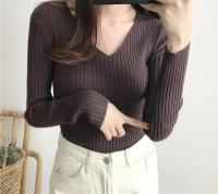Suéter Sexy ajustado con cuello en V para mujer Manga larga de punto con parte inferior suave - details 39