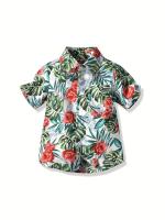 Camisa de algodón con patrón de plantas hawaianas para niño, camisa informal de manga corta con botones para vacaciones de verano - details 0