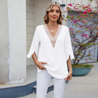 BUNO-2025 Blusa de moda con cuello en V para mujer, camisas de gasa de siete mangas con empalme de encaje, camisa holgada informal de Color sólido elegante para oficina, novedad de 20252 - details 29