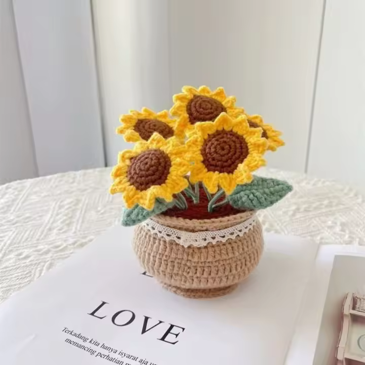 Kit de flores de ganchillo de tulipán, rosa y margarita, hilo de lana hecho a mano, flores únicas, Kit de tejido de ganchillo, flor en maceta de tulipán sin acabado - 1