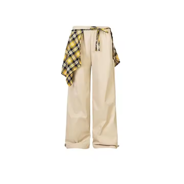 Pantalones casuales para mujeres, diseño de dobladillo a cuadros de otoño, pantalones sueltos de pierna recta - 1