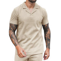 Verano 2025 para hombre, camiseta casual de manga corta con cuello polo y solapa en V, color sólido. - details 14
