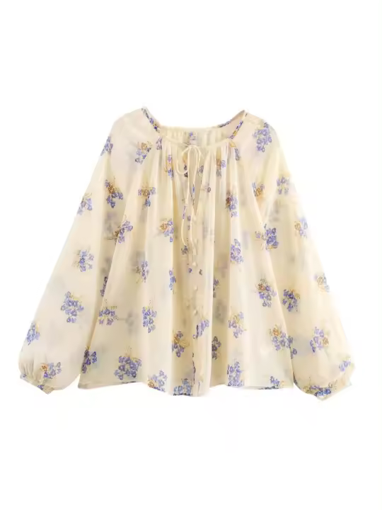 Camisa Elegante Translúcida Con Estampado De Flores Simple Para Mujer - 1
