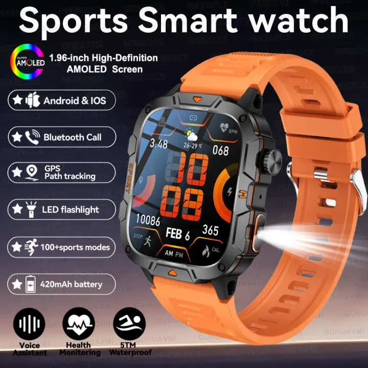 Nuevo Reloj militar para exteriores AMOLED de alta capacidad, 420 mAh, 1,96 pulgadas, asistente de voz, linterna LED, llamadas Bluetooth, corazón - 1