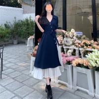 Diseño sentido falso dos piezas de temperamento artístico vestido camisero con cuello en V falda larga de cintura suave francesa de verano para mujer - details 15
