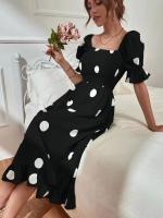 NOVEDAD DE VERANO 2025 vestido de manga corta con volantes y cuello redondo de lunares para mujer - details 7