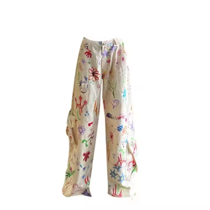 Pantalones Cargo holgados con múltiples bolsillos para mujer, pantalón de pierna ancha Y2k con grafiti, estampado de flores de Hip Hop, ropa de calle - 1
