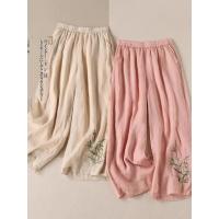 Pantalones holgados de pierna ancha bordados de lino y algodón para mujer, pantalones étnicos informales de nuevo estilo para primavera y verano, efecto adelgazante - details 0