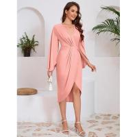 Vestido de noche para mujer con abertura, manga larga, cuello en V, color sólido, 2025 - details 2