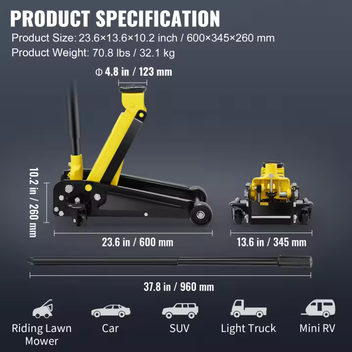 SucceBuy Gato de piso de perfil bajo de 3 toneladas, Gato de carreras de acero resistente, Pistón único de elevación rápida, Rango de elevación 5.12"-20" - 1