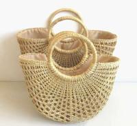 Producto al por mayor, bolso de mano de playa con hombro de señora de verano medio redondo de Color sólido Simple ahuecado, bolso de mano de paja tejido - details 8