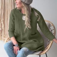 Tops sueltos de manga corta con cuello redondo para mujer, bolsillo de algodón y lino, nuevo - details 8