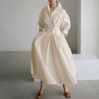 Otoño de algodón de manga sólido elegante Maxi vestidos para las mujeres 2023 blanco Casual cuello en V camisa vestido largo de fiesta bata Mujer - details 3