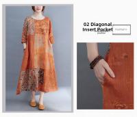 Novedad de verano, vestido de lino estampado ligero artístico Vintage, vestido largo informal adelgazante de corte recto de manga media para mujer - details 3
