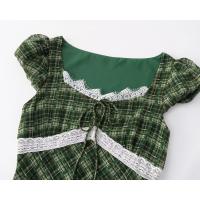 Vestido largo verde de verano estilo Spice Girl, con encaje a cuadros retro francés, estilo vacacional, temperamento, cintura delgada. - details 3