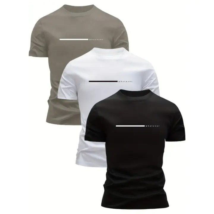 Conjunto de 3 camisetas 100% algodón con cuello redondo y diseño estampado de letras, transpirables, informales y deportivas, perfectas para el verano. - 1